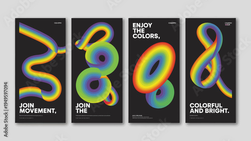 A triptych of modern art posters features vibrant colorful ribbon like shapes against a black background promoting movement and visual enjoyment high quality professional detailed elegant
