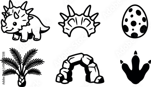 Cute triceratops dinosaur with spiked frill and smiling face next to prehistoric egg palm tree stone arch and footprint vector art set