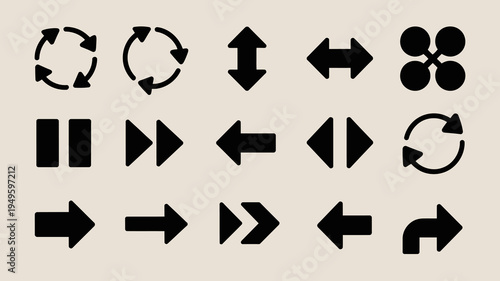 A collection of black arrow and circular icons are displayed against a light beige background representing direction and process high quality professional detailed modern elegant stylish