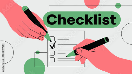 Two hands are shown using pens to interact with a checklist emphasizing task completion and organization in a modern style high quality professional detailed elegant stylish