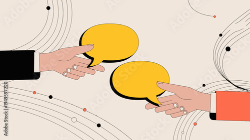 Two hands are reaching toward each other each holding a yellow speech bubble against a beige and white backdrop high quality professional detailed modern elegant stylish