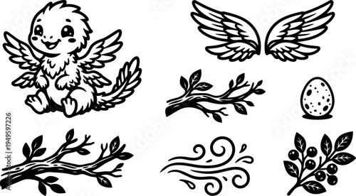 Cute smiling baby dragon with open wings sitting alongside wing pairs twig branches egg and leaves vector art design elements