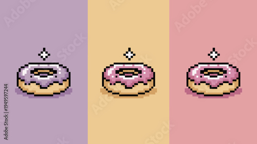 A vibrant pixelated image showcases three donuts with pink frosting each set against a distinct pastel background color high quality professional detailed modern elegant stylish clean