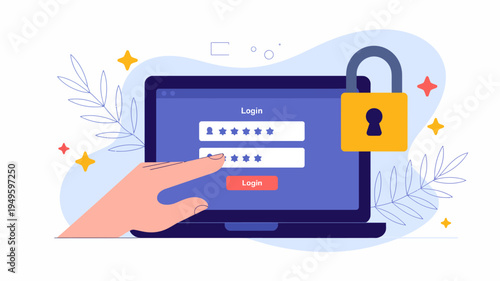 A hand is shown reaching to click the login button on a laptop displaying a login screen with a padlock high quality professional detailed modern elegant