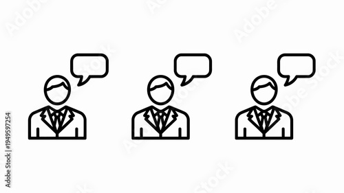 A minimalist black and white illustration depicts three business people in suits each with a speech bubble indicating conversation or communication high quality professional detailed modern