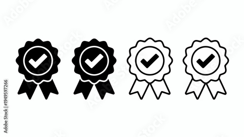 A set of four black badge icons each featuring a checkmark within a decorative star shaped ribbon design high quality professional detailed modern elegant stylish clean