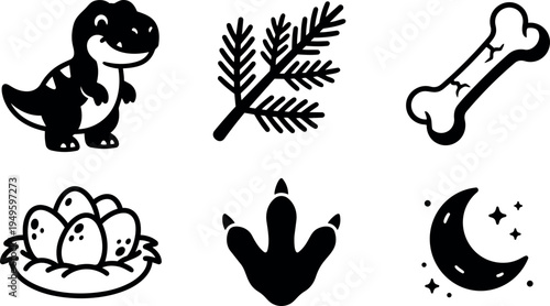 Cute smiling dinosaur with nest eggs and bone footprint vector icons set including pine branch moon and stars