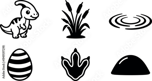 Black silhouette vector icons of smiling dinosaur egg footprint reed plants and water ripple isolated on white background