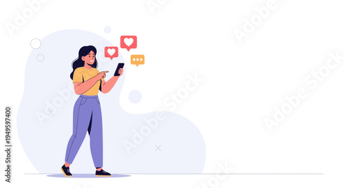 Woman Using Smartphone with Social Media Likes and Messages Icons Floating
