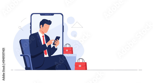 Man in Suit Shopping Online on Phone with Bags, Business Concept