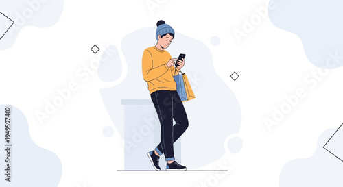 Young man with shopping bags using smartphone, modern illustration, lifestyle concept