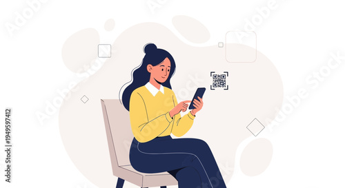 Woman scanning QR code on phone, modern illustration, technology concept