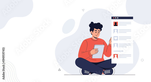 Young man with tablet browsing social media profiles on a list