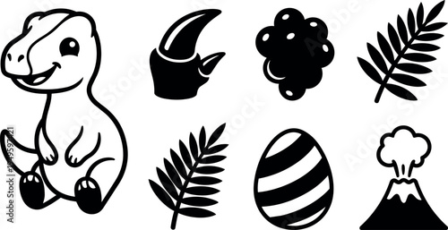 Cute smiling baby dinosaur sitting with claw egg erupting volcano and prehistoric fern leaves black silhouettes vector art