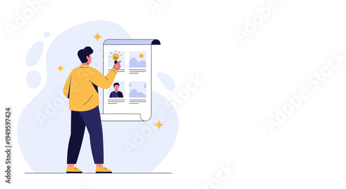 Man with Idea Lightbulb, Choosing Talent from Resume List, Innovation Concept