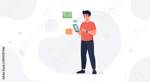 Man Using Smartphone for Mobile Banking and Online Payments, Financial Transactions