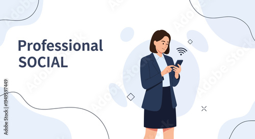 Professional woman using smartphone with wifi symbol, social media concept