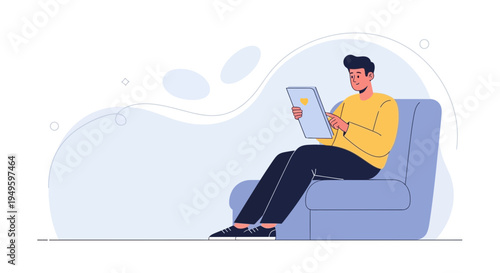 Man Sitting on Sofa Using Tablet, Relaxing at Home