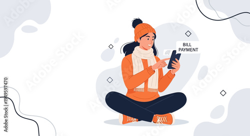 Woman paying bills online using mobile app, sitting cross-legged, winter clothes