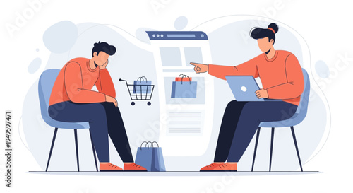 Customer Service Interaction: Frustrated Shopper and Helpful Agent with Laptop