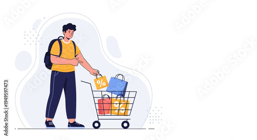 Man with Shopping Cart Full of Bags, Online Shopping Concept