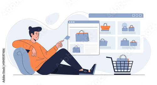 Man Shopping Online Using Credit Card, E-commerce Concept, Digital Shopping Cart
