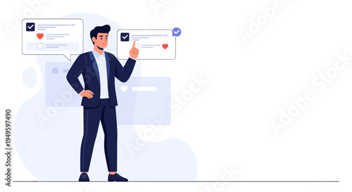 Businessman interacting with social media notifications and feedback