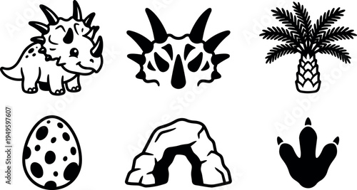 Cute triceratops dinosaur with smiling face and prehistoric elements including egg cave palm tree and footprint vector set