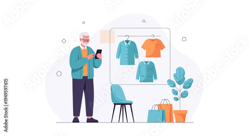 Elderly Man Shopping Online for Clothes on Smartphone