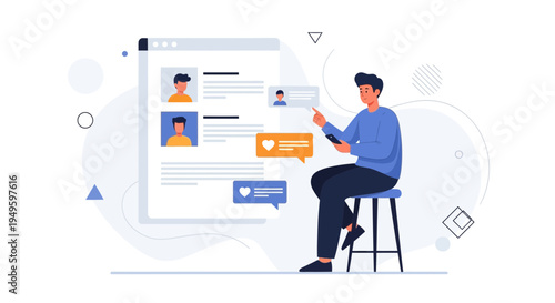 Man using smartphone interacting with social media profiles and chat bubbles