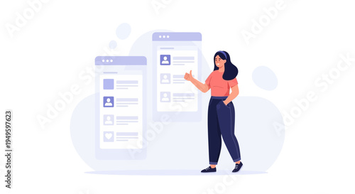 Woman Gesturing Thumbs Up Near Social Media Profile Screens