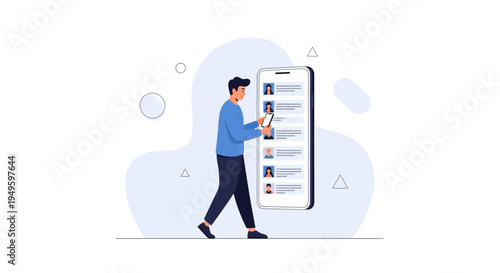 Man with smartphone scrolling through contacts on a large phone screen