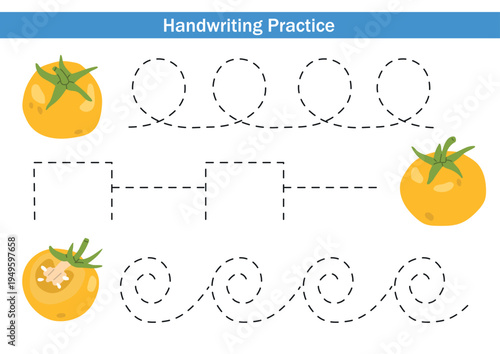 Colorful vector yellow tomato worksheet with three horizontal handwriting practice paths for kids. dashed lines and cute elements help children develop fine motor skills and early writing.
