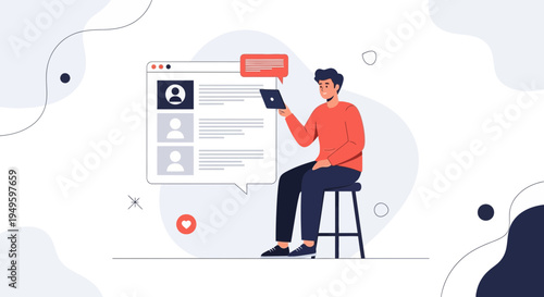 Man working on laptop with profile list on screen, online communication concept