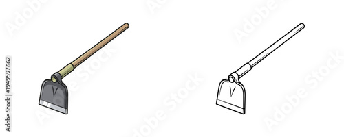 Doodle garden hoe illustrations in flat color and linear styles on white background representing manual cultivating equipment for landscaping or agriculture work