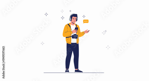 Man with headphones and camera, listening to music and texting on phone