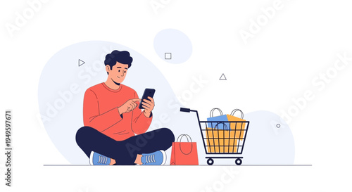 Man using smartphone for online shopping with shopping cart and bags