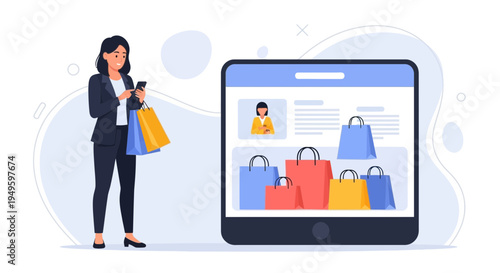 Woman Shopping Online Using Smartphone and Tablet with Shopping Bags