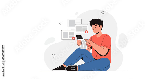 Young man sitting on floor using smartphone, browsing content with multiple windows floating