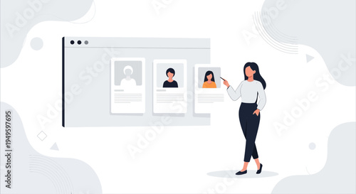 Woman pointing at user profiles on a digital screen, online recruitment concept