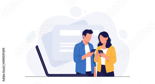 Young couple using smartphones near laptop, modern technology, communication concept