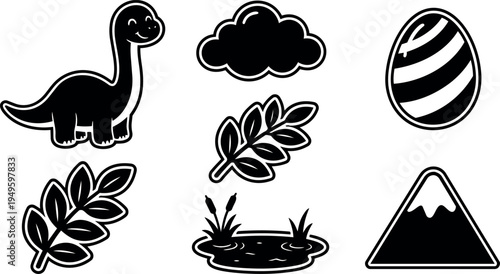 Cute black and white vector dinosaur with leafy branches cloud mountain pond and striped egg icons set