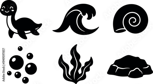 Flat design black icons of smiling turtle playful wave spiral shell seaweed and ocean rock set vector art illustration