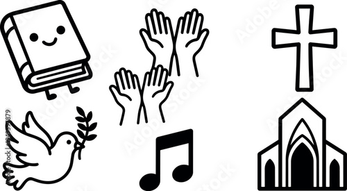 Cute happy book character dove with olive branch raised hands musical note church building with cross vector icons