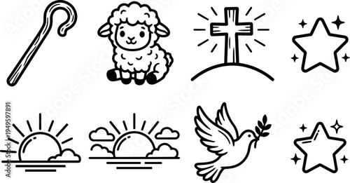 Simple black line art icons of religious symbols including lamb cross dove stars shepherds staff sunrise and sunset illustrations