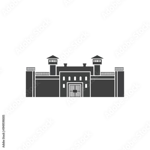 Clean minimalist graphic of a secure detention facility, representing law, justice, and social order. An architectural symbol of confinement and security