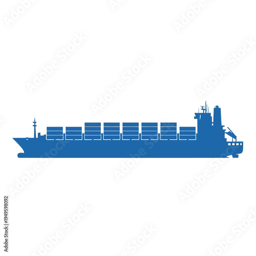 Blue container ship silhouette side view vector illustration. Shipping and logistics concept