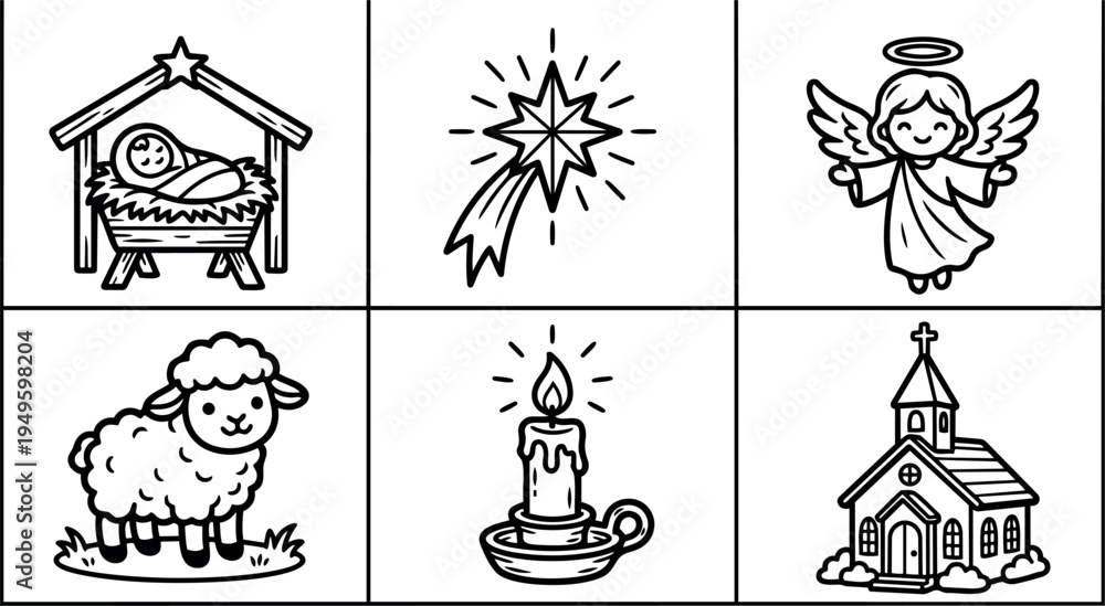 Naklejka premium Black and white line art nativity baby jesus in manger angel star candle sheep and church christmas icons set