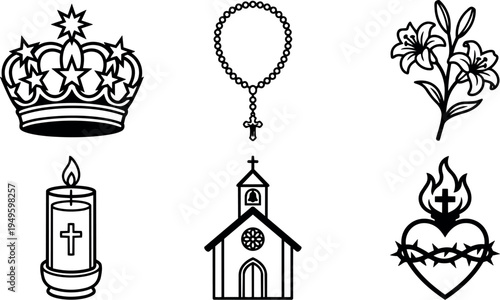 Black line art religious icons set including crown with stars rosary church candle burning flower sacred heart with crown of thorns