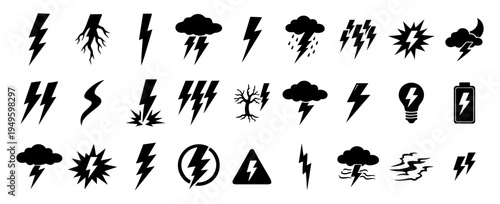 Lightning Bolt and Thunder Strike Silhouette Icon Set – Electric Energy, Storm Weather and Power Symbols Collection